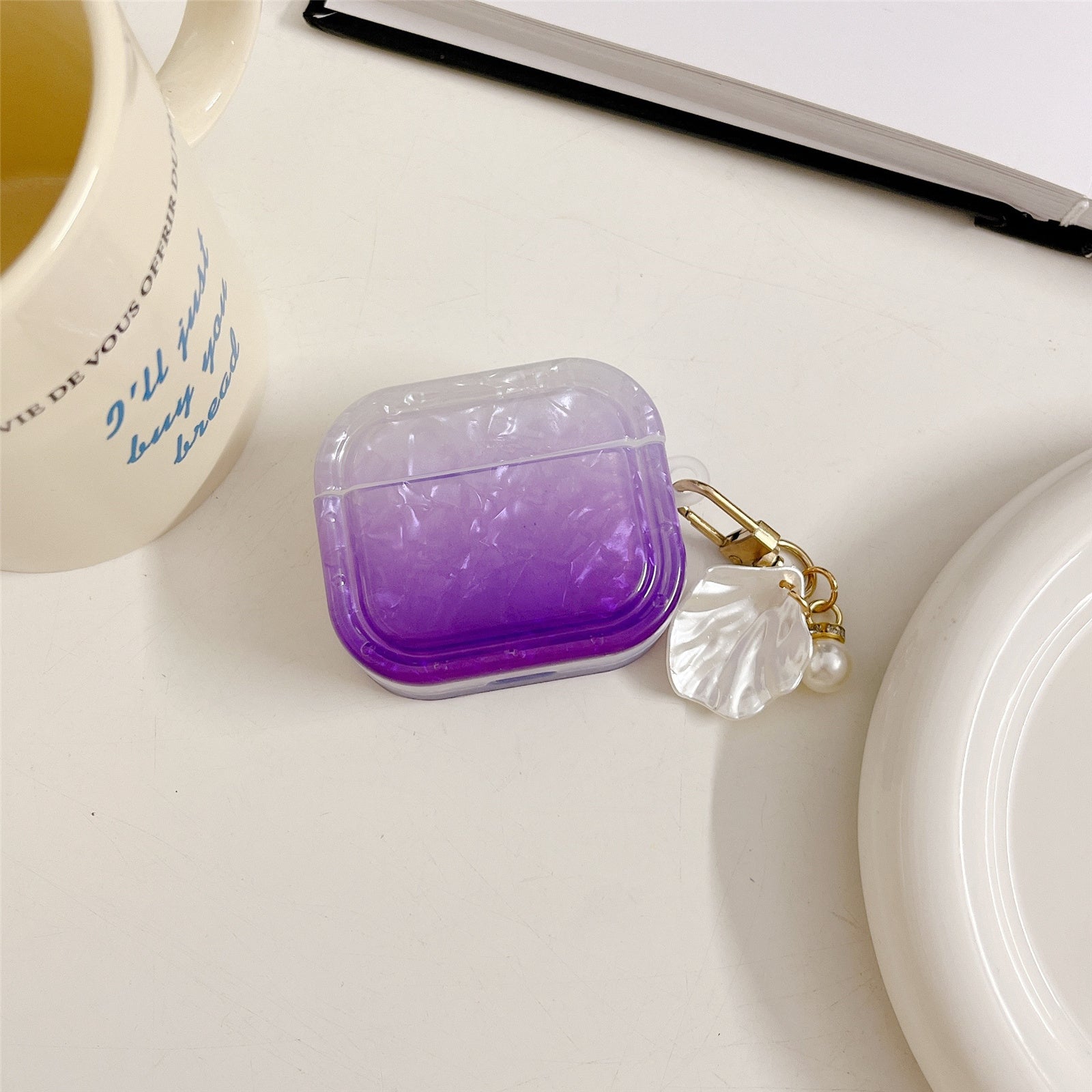 Uniqkart for Apple AirPods 3 Full Protective Cover Gradient Shell Grain Earphone Square TPU Case with Shell Shape Pendant - Purple Uniqkart for Apple AirPods 3 Full Protective Cover Gradient Shell Grain Earphone Square TPU Case with Shell Shape Pendant - Purple